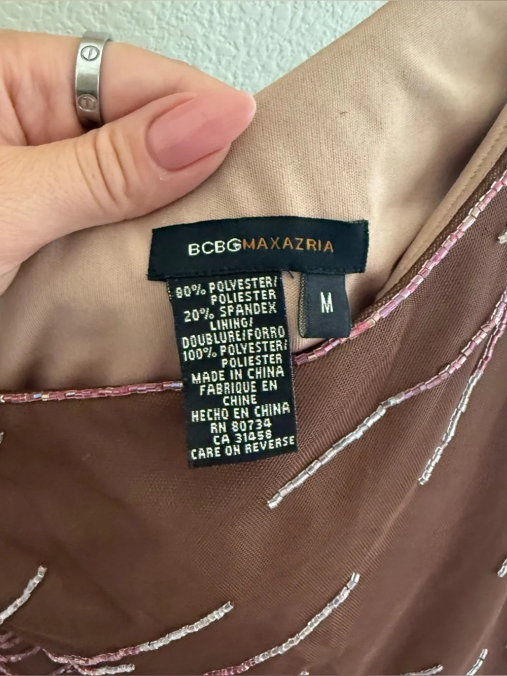 BCBG maxazria rare Y2K 90s brown one shoulder dress beaded stretchy Size M - Picture 3 of 9